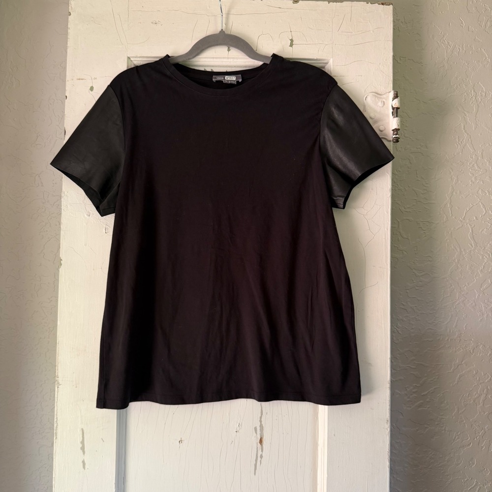 Vince Black Mixed Media Leather Sleeve T-Shirt Size L Minimalist Edgy Tee